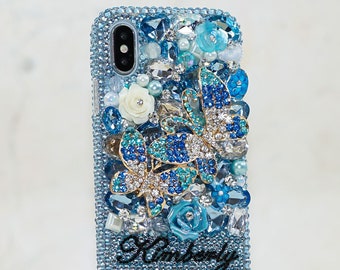 Aqua Blue Butterfly Rose Personalized Name Initials Genuine Crystals Bling Case For iPhone 15 Pro Max 14 13 Plus    Galaxy S23   S22