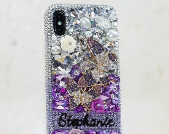 Lavender Butterfly Rose Personalized Name Initials Genuine Crystals Bling Case For iPhone 15 Pro Max 14 13 Plus    Galaxy S23