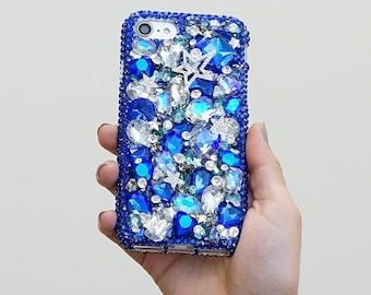 Bright Blue Super Star Clear Gem Stones Genuine Crystals Diamond Bling Case For iPhone 17 16 Plus 15 Pro Max Samsung S24 ultra