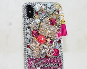 Personalized Name Initials Genuine Clear Pink Crystals Charm Tassel Bling Case For iPhone 15 Pro Max 14 13 Plus    Galaxy S23   S22