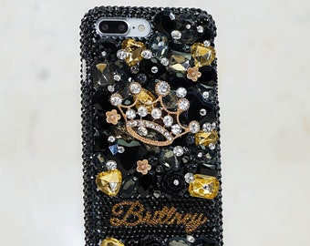 Golden Diamond Crown Personalized Name  Genuine Black Crystals Bling Case For iPhone 15 Pro Max 14 13 Plus   Galaxy S23  S22 plus