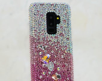 Genuine AB Crystals Faded to Hot Pink Heart Stones Diamond  Bling Case For iPhone 15 Plus 14 Pro  Max   Samsung Galaxy S22 S23