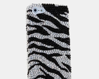 Bling Zebra Design Genuine Jet Black and Clear Crystals Case For iPhone 15 Plus 14 13 Pro  Max 11   Samsung Galaxy S23 S22