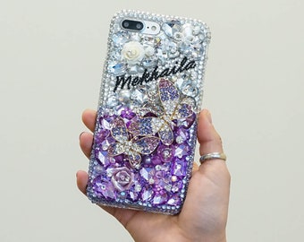 Purple Butterfly Roses Personalized Name Initials Genuine Crystals Bling Case For iPhone 15 Pro Max 14 13 Plus    Galaxy S23