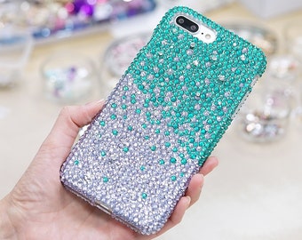 Bling Genuine Turquoise Lavender Crystals Case For iPhone 15 Plus 14 13 Pro XS Max 11   Samsung Galaxy S23 Note 9 S22  Sparkle Protective