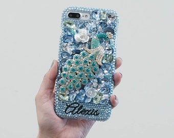 Aqua Blue Diamond Peacock Rose Personalized Name  Genuine Crystals Case For iPhone 15 Pro Max 14 13 Plus   Galaxy S23  S22 plus