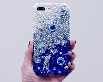 White Pearls Faded to Dark Blue Stones Genuine Crystals Diamond  Bling Case For iPhone 14 Plus 13 Pro  Max    Samsung Galaxy S21