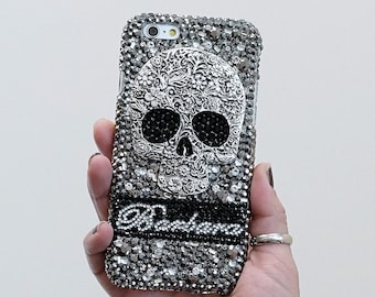 Metallic Skull Personalized Name Initials Genuine Black Crystals Bling Case For iPhone 15 Pro Max 14 13 Plus    Galaxy S23   S22