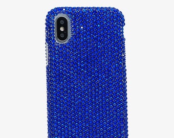 Bling Genuine Navy Blue Crystals Case For iPhone 17 16 15 Pro Max Samsung Galaxy S24 S25 plus Diamond  Easy Grip Protective