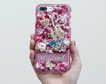 Castle Horse Carriage Personalized Name Initials Genuine Crystals Bling Case For iPhone 15 Pro Max 14 13 Plus    Galaxy S23