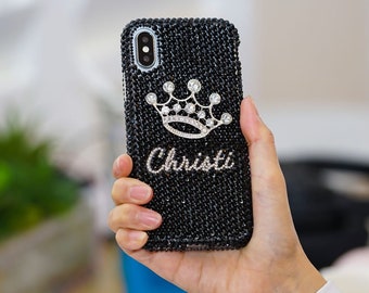 Diamond Crown Personalized Name Initials Genuine Jet Black Crystals Case For iPhone 15 Pro Max 14 13 Plus  8 6 6s Plus  Galaxy S23   S22