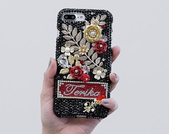 Vintage Golden Roses Personalized Name Initials Genuine Crystals Bling Case For iPhone 15 Pro Max 14 13 Plus    Galaxy S23