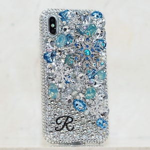 Snowflakes Blue Wonder Personalized Name Initials Genuine Crystals Bling Case For iPhone 16 Pro Max 15 14 Plus Galaxy S24 S23