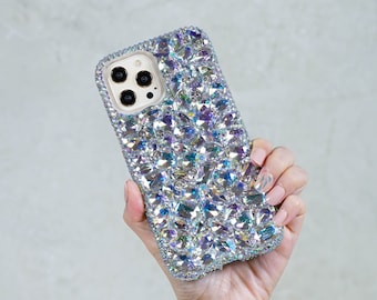 Bling Genuine Aurora Borealis Stones Crystals Diamond  Case Cover For iPhone 16 Plus 15 Pro Max Samsung Galaxy S23 S24