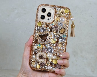 Bling Golden Glory Design with Tassel Phone Charm Crystals Diamond  Case For iPhone 17 16 Plus 15 Pro Max Galaxy S24 S25 Z Fold Flip