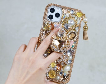 Golden Glory Tassel Popsocket Grip Bling Genuine Crystals Case For iPhone 15 Plus 14 13 Pro Max Samsung  S23  Plus Ultra wedding gift