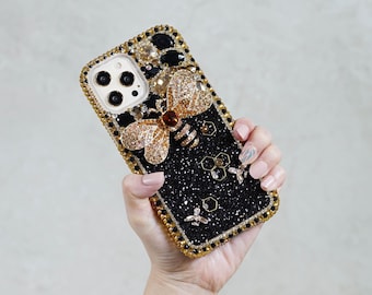 Bling Bumblebee Gold Stones Gems Genuine Crystals Diamond  Black Case For iPhone 16 Pro Max 15 Plus Samsung Galaxy S23 S24