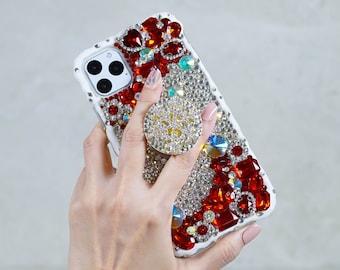 Snowflake Popsocket Grip Bling Genuine Crystals Stones Case For iPhone 15 Plus 14 Pro Max 13 Pro  Samsung   Ultra S23 Plus Wedding Gift