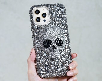 Bling Metallic Skull Design Genuine Crystals Diamond  Case For iPhone 16 Plus 15 Pro Max Samsung Galaxy S23 S24 Plus