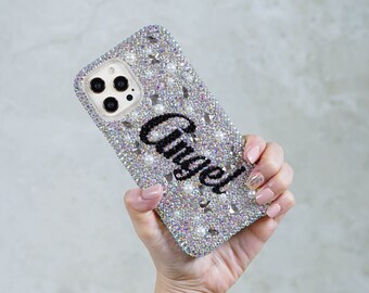 Personalized Name Initials Genuine Aurora Borealis Crystals Pearls Bling Case For iPhone 15 Pro Max 14 13 Plus    Galaxy S23   S22