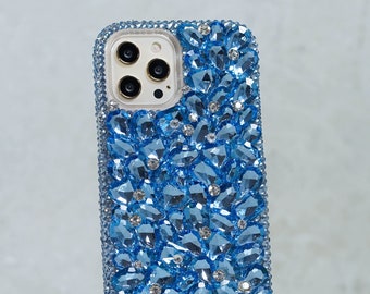 Bling Sapphire Blue Stones Genuine Crystals Diamond  Easy Grip Case For iPhone 15 Pro Max 14 Plus  Samsung Galaxy S23 Plus S22 Ultra