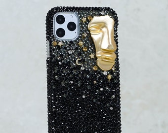 Golden Mask Bling Genuine Jet Black Crystals Case For iPhone 15 Plus 14 Pro Max 13 Pro XS Samsung Galaxy S23 Ultra S22 Plus  Gift Idea