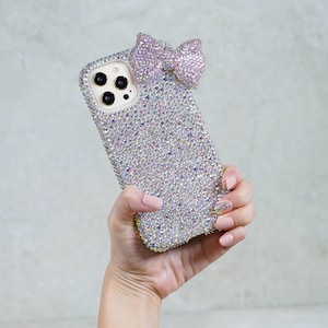 Bling Baby Pink Bow Genuine AB Crystals Diamond Sparkle Easy Grip Case Cover For iPhone 16 Plus 15 Pro Max Samsung Galaxy S24