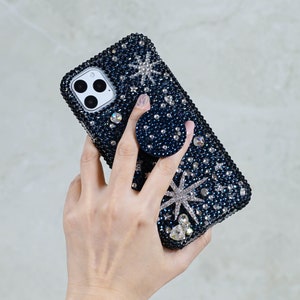 Montana Dark Blue Universe Popsocket Grip Bling Genuine Crystals Case For iPhone 15 Plus 14 Pro Max 13 Pro Samsung S23 Plus Ultra image 1