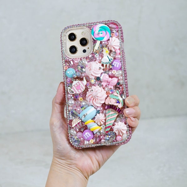 Bling Alice Wonderland Yummy Sweets Genuine Pink Crystals Diamond  Case For iPhone 15 Pro Max 14 Plus Samsung Galaxy S23