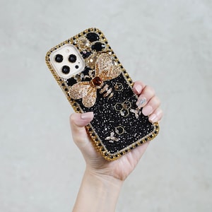 Bling Bumblebee Gold Stones Gems Genuine Crystals Diamond  Black Case For iPhone 16 Pro Max 15 Plus Samsung Galaxy S23 S24