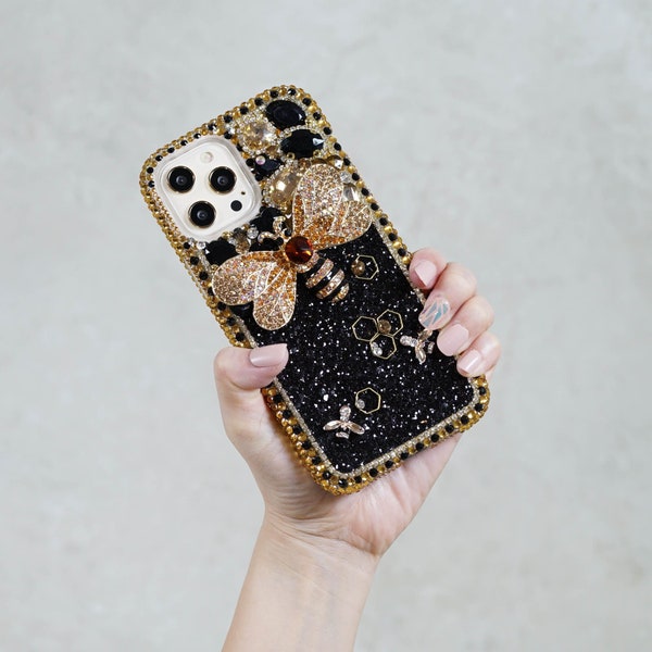 Bling Bumblebee Gold Stones Gems Genuine Crystals Diamond  Black Case For iPhone 15 Pro Max 14 Plus Samsung Galaxy S22 S23