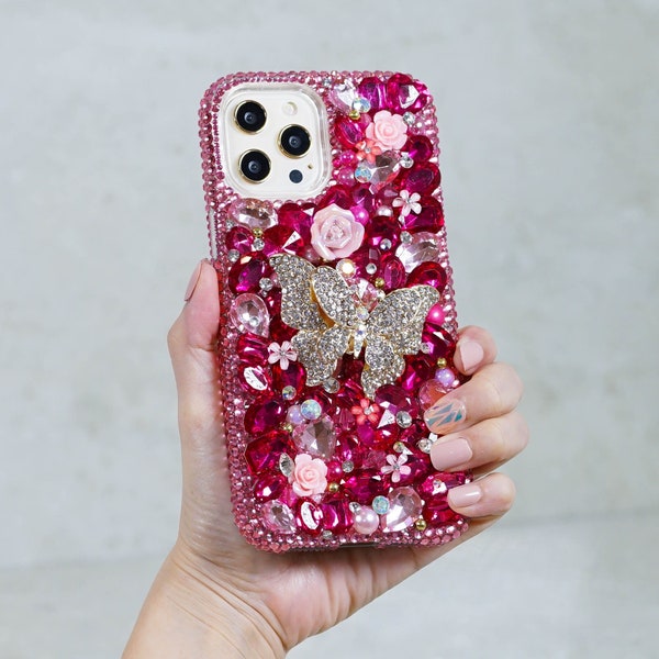 Bling Fuchsia Pink Butterfly Roses Stones Genuine Crystals Diamond  Case For iPhone 15 Plus 14 Pro Max Galaxy S23