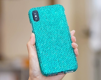 Bling Genuine Turquoise Crystals Case For iPhone 15 Plus 14 13 Pro  Max 11   Samsung Galaxy S23  S22e Diamond  Easy Grip Protective