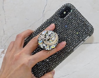 Nebula Metallic Grey Popsocket Grip Bling Sparkle Genuine Crystals Case For iPhone 15 Plus 14 Pro 13 Max Samsung   Ultra S23 Plus gift idea