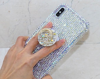 Nebula Popsocket Grip Bling Genuine Crystals AB Case For iPhone 15 Plus 14 Pro 13 XS Max Samsung    S23 Plus Ultra birthday gift