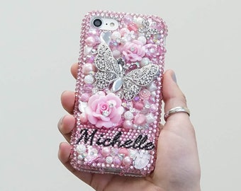 Vlinder Rozen Parels Gepersonaliseerde naam Echte roze kristallen Bling Case voor iPhone 17 Pro Max 16 15 Plus Galaxy S24 S25 Z-vouw