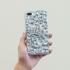 Diamond Silver Crown Gem Stones Genuine Clear Crystals Diamond  Bling Case For iPhone 16 Plus 15 Pro  Max    Galaxy  S23