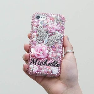 Butterfly Roses Pearls Personalized Name  Genuine Pink Crystals Bling Case For iPhone 16 Pro Max 15 14 Plus Galaxy S24