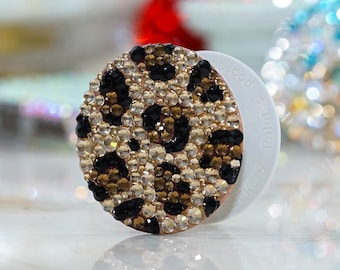 Leopard Design Genuine Crystals PopSockets Bling PopGrip Rhinestones Phone Grip Phone Stand Wedding Bridal Shower Gift Idea Diamond Sparkle
