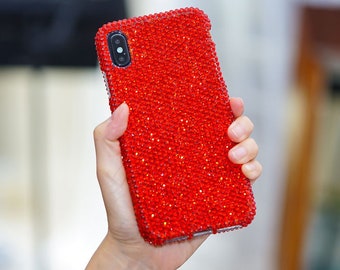 Bling Genuine Bright Red Crystals Case For iPhone 15 Plus 14 13 Pro  Max 11   Samsung Galaxy S22e S23   Diamond  Easy Grip Cover