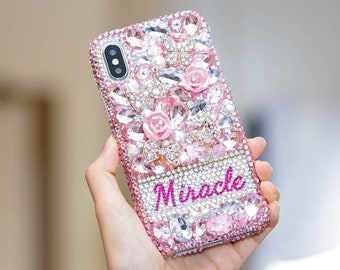 Pink Wonderland Roses Personalized Name Initials Genuine Crystals Bling Case For iPhone 15 Pro Max 14 13 Plus    Galaxy S23   S22