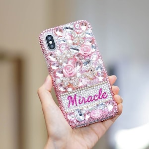 Pink Wonderland Roses Personalized Name Initials Genuine Crystals Bling Case For iPhone 17 Pro Max 16 15 Plus Galaxy S24 S25