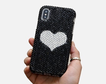 Bling Heart Design Genuine Jet Black and Clear Crystals Case For iPhone 15 Plus 14 13 Pro  Max 11   Galaxy S23 S22 Plus