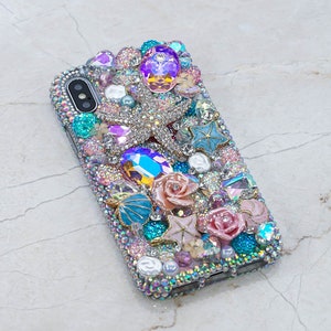 Bling Reef Garden Star Fish Pink Roses Stones Genuine Crystals Diamond  Case For iPhone 16 Plus 15 Pro Max Galaxy S23 S24 Ultra