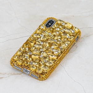 Bling Gold Gem Stones Genuine Crystals Diamond  Easy Grip Case For iPhone 16 Plus 15 Pro Max Samsung Galaxy S24 S23 Ultra