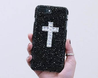 Bling Cross Design Genuine Jet Black Crystals Case For iPhone 15 Plus 14 13 Pro  Max 11   Samsung Galaxy S23  S22