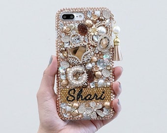 Golden Glory Pearl Tassel Personalized Name  Genuine Crystals Bling Case For iPhone 15 Pro Max 14 13 Plus   Galaxy S23   S22 plus