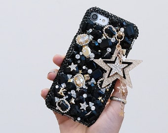 Super Star Personalized Name  Genuine Black Stones Gold Crystals Case For iPhone 15 Pro Max 14 13 Plus   Galaxy S23 S22 plus   / 8