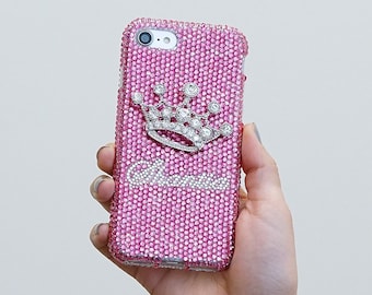 Diamond Crown Personalized Name Initials Genuine Baby Pink Crystals Case For iPhone 15 Pro Max 14 13 Plus    Galaxy S23  S22 plus