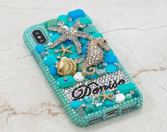 Turquoise Reef Sea Horse Personalized Name Initials Genuine Crystals Bling Case For iPhone 15 Pro Max 14 13 Plus    Galaxy S23   S22